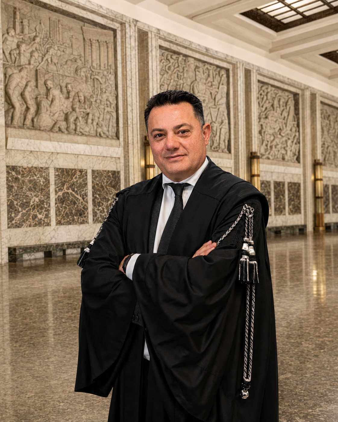 Avv. Antonio Francesco Catanzariti in toga al Palazzo di Giustizia di Milano