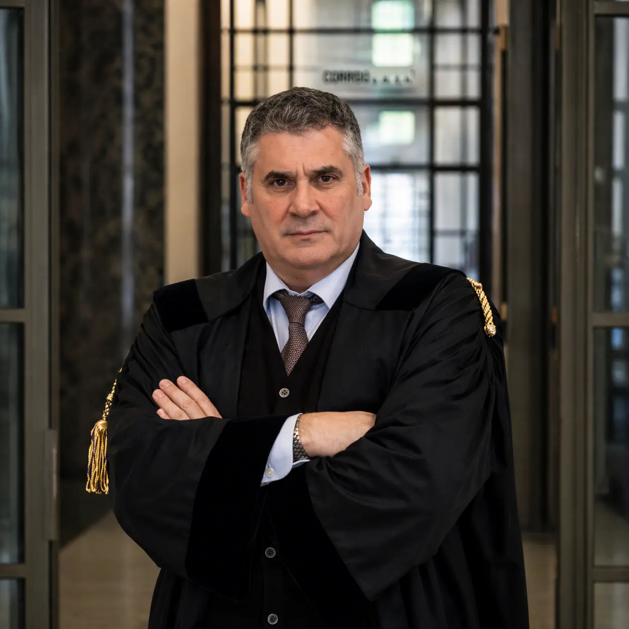 Avvocato penalista a Milano in toga davanti al Tribunale — Studio Legale Legal Aid Italia